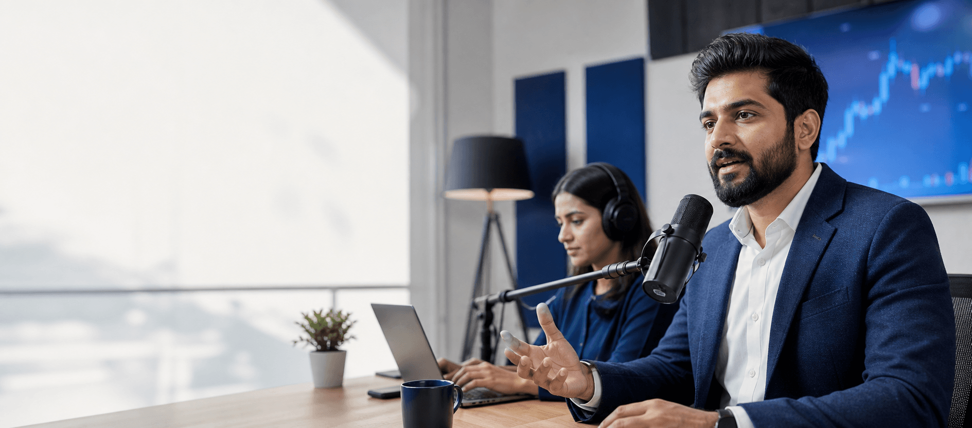 A stock market educator hosting a webinar while a team member monitors incoming lead conversations