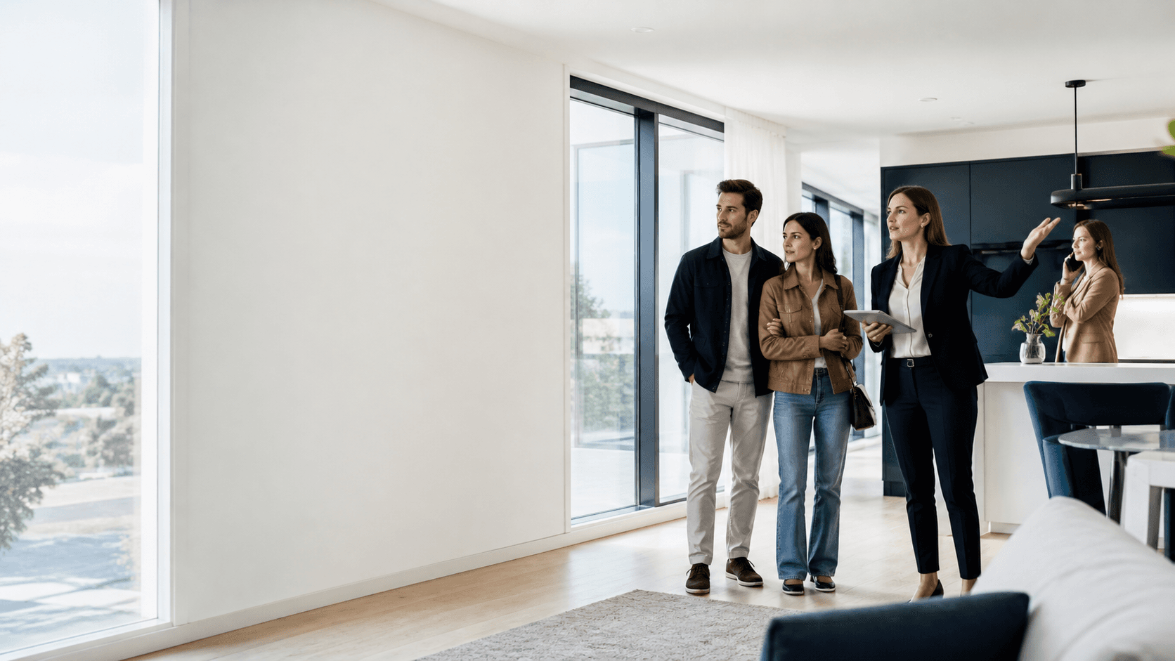 A real estate agent guiding prospective buyers through a contemporary property